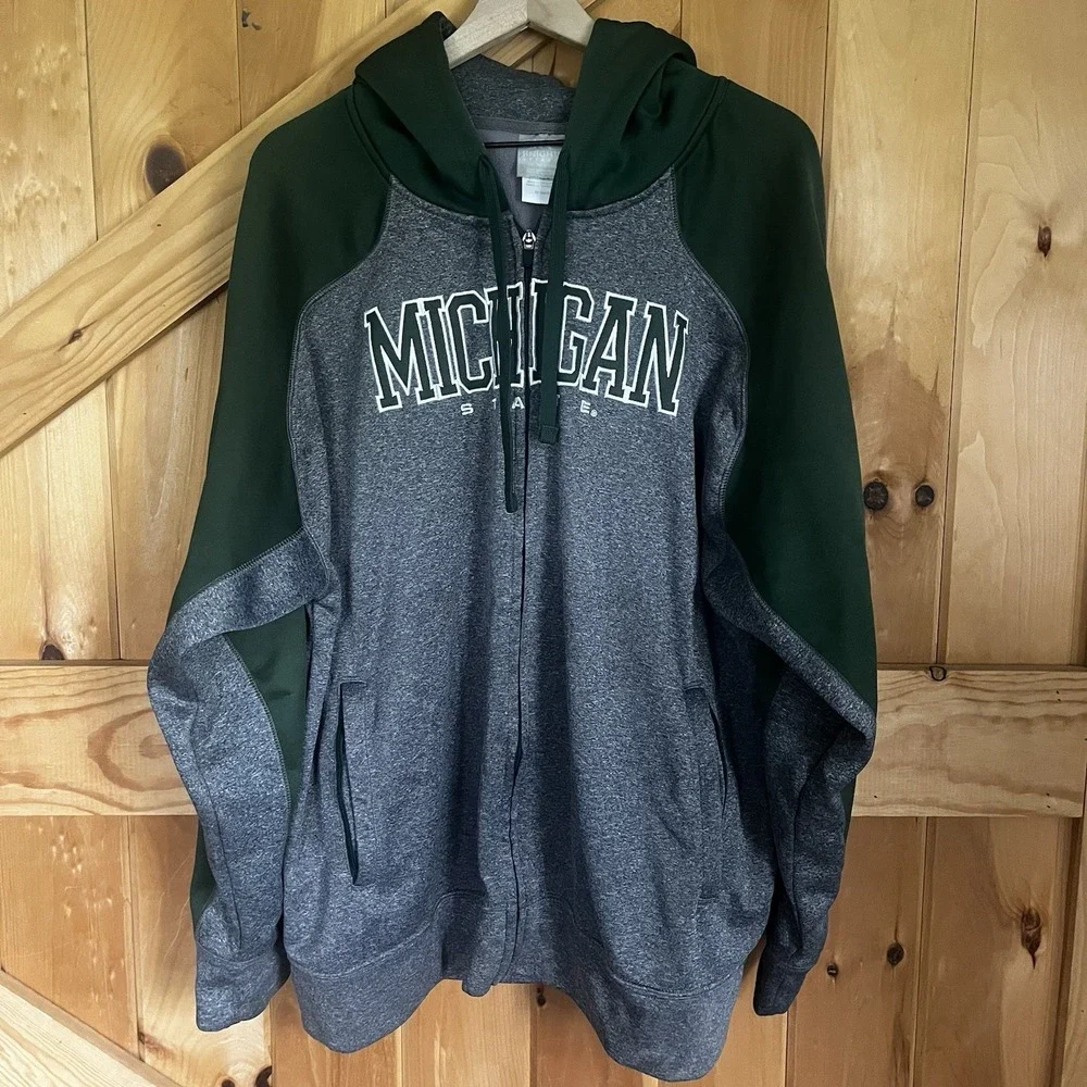 Knights Apparel Michigan State Spartans Mens 2XL Full Zip Hoodie Gray Green FLAW - Picture 2 of 16